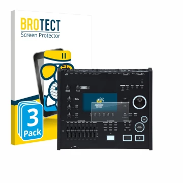 Parte frontal de un envase de producto con el logotipo de la marca BROTECT. Al lado se muestra el dispositivo Roland V71 con s