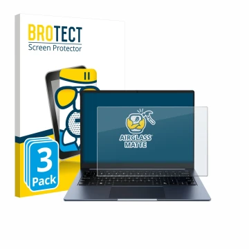 Parte frontal de un envase de producto con el logotipo de la marca BROTECT. Al lado se muestra el dispositivo Chuwi CoreBook A