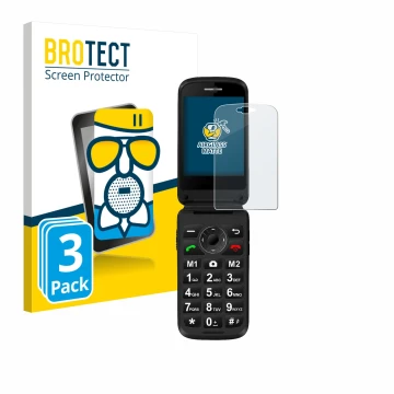Parte frontal de un envase de producto con el logotipo de la marca BROTECT. Al lado se muestra el dispositivo Simvalley Mobile