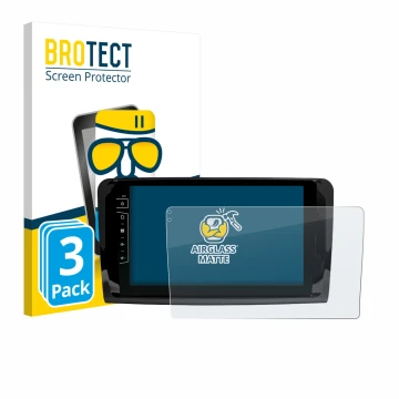 Parte frontal de un envase de producto con el logotipo de la marca BROTECT. Al lado se muestra el dispositivo Dynavin D9-DF432