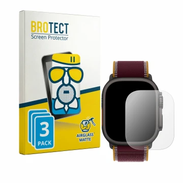 Parte frontal de un envase de producto con el logotipo de la marca BROTECT. Al lado se muestra el dispositivo Apple Watch Ultr
