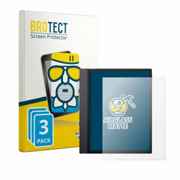 Parte frontal de un envase de producto con el logotipo de la marca BROTECT. Al lado se muestra el dispositivo Boox Note Air 6 