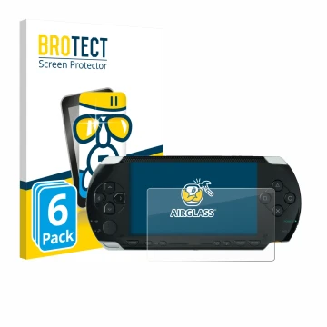 Parte frontal de un envase de producto con el logotipo de la marca BROTECT. Al lado se muestra el dispositivo Sony PSP 1000 co