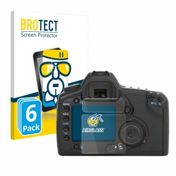 Parte frontal de un envase de producto con el logotipo de la marca BROTECT. Al lado se muestra el dispositivo Canon EOS 5D con