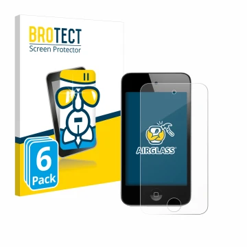 Parte frontal de un envase de producto con el logotipo de la marca BROTECT. Al lado se muestra el dispositivo Apple iPod Touch