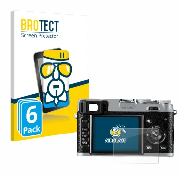 Parte frontal de un envase de producto con el logotipo de la marca BROTECT. Al lado se muestra el dispositivo Fujifilm FinePix