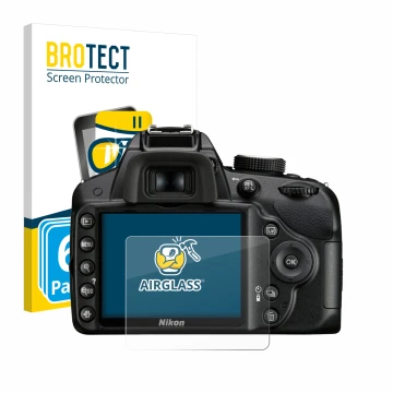 Parte frontal de un envase de producto con el logotipo de la marca BROTECT. Al lado se muestra el dispositivo Nikon D3200 con 