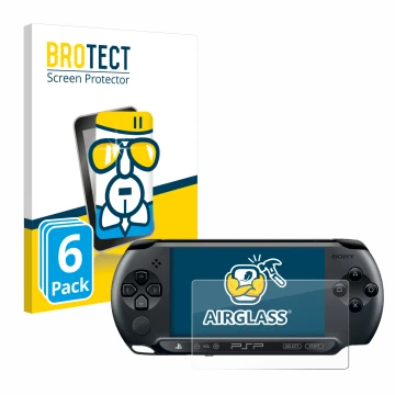 Parte frontal de un envase de producto con el logotipo de la marca BROTECT. Al lado se muestra el dispositivo Sony PSP 1004 co