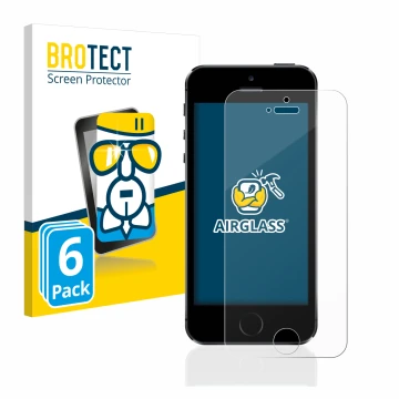 Parte frontal de un envase de producto con el logotipo de la marca BROTECT. Al lado se muestra el dispositivo Apple iPhone 5S 