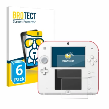 Parte frontal de un envase de producto con el logotipo de la marca BROTECT. Al lado se muestra el dispositivo Nintendo 2DS con
