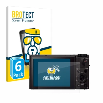 Parte frontal de un envase de producto con el logotipo de la marca BROTECT. Al lado se muestra el dispositivo Sony Cyber-Shot 