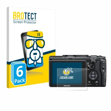 Parte frontal de un envase de producto con el logotipo de la marca BROTECT. Al lado se muestra el dispositivo Ricoh GR II 2015