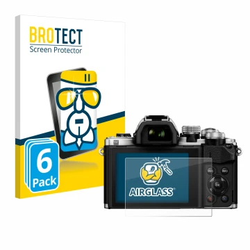 Parte frontal de un envase de producto con el logotipo de la marca BROTECT. Al lado se muestra el dispositivo Olympus OM-D E-M