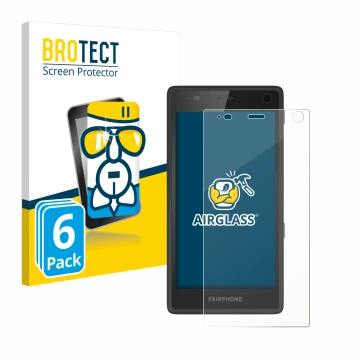 Parte frontal de un envase de producto con el logotipo de la marca BROTECT. Al lado se muestra el dispositivo Fairphone 2 con 