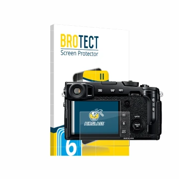 Parte frontal de un envase de producto con el logotipo de la marca BROTECT. Al lado se muestra el dispositivo Fujifilm X-Pro2 