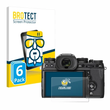 Parte frontal de un envase de producto con el logotipo de la marca BROTECT. Al lado se muestra el dispositivo Fujifilm X-T2 co