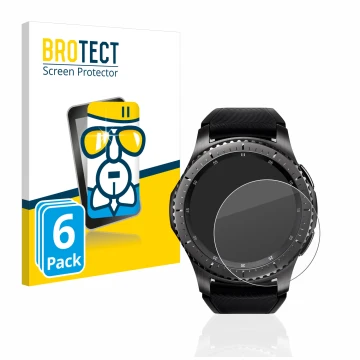 Parte frontal de un envase de producto con el logotipo de la marca BROTECT. Al lado se muestra el dispositivo Samsung Gear S3 