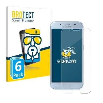 Parte frontal de un envase de producto con el logotipo de la marca BROTECT. Al lado se muestra el dispositivo Samsung Galaxy A