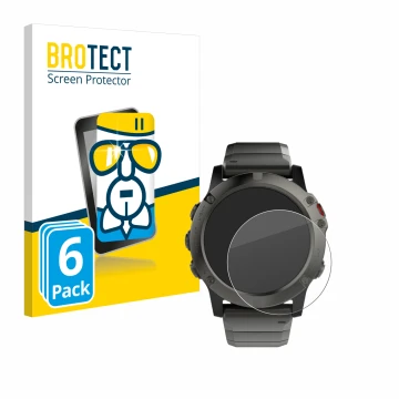 Parte frontal de un envase de producto con el logotipo de la marca BROTECT. Al lado se muestra el dispositivo Garmin Fenix 5X 