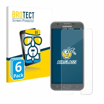 Parte frontal de un envase de producto con el logotipo de la marca BROTECT. Al lado se muestra el dispositivo Samsung Galaxy J