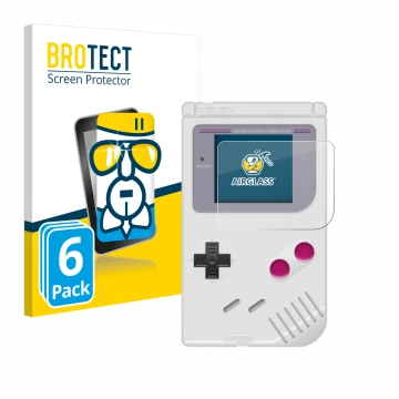 Parte frontal de un envase de producto con el logotipo de la marca BROTECT. Al lado se muestra el dispositivo Nintendo Gameboy