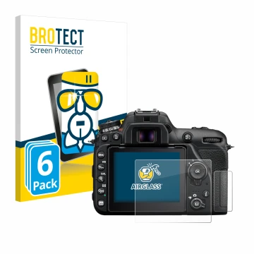 Parte frontal de un envase de producto con el logotipo de la marca BROTECT. Al lado se muestra el dispositivo Nikon D7500 con 