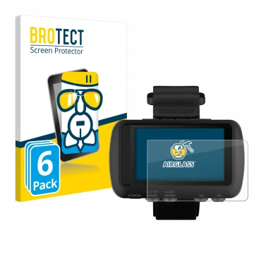 Parte frontal de un envase de producto con el logotipo de la marca BROTECT. Al lado se muestra el dispositivo Garmin Foretrex 