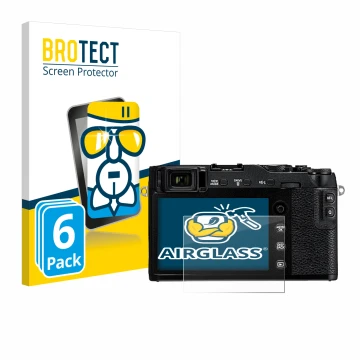 Parte frontal de un envase de producto con el logotipo de la marca BROTECT. Al lado se muestra el dispositivo Fujifilm X-E3 co