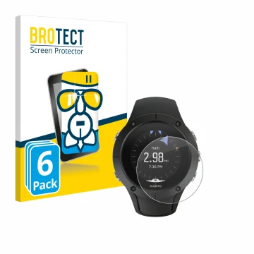 Parte frontal de un envase de producto con el logotipo de la marca BROTECT. Al lado se muestra el dispositivo Suunto Spartan T
