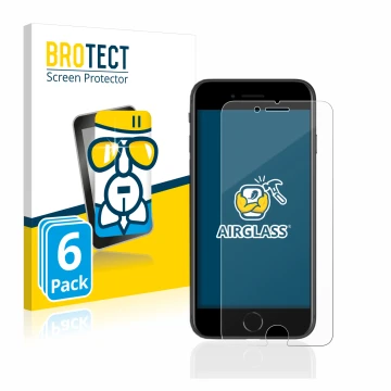 Parte frontal de un envase de producto con el logotipo de la marca BROTECT. Al lado se muestra el dispositivo Apple iPhone SE 