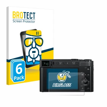 Parte frontal de un envase de producto con el logotipo de la marca BROTECT. Al lado se muestra el dispositivo Panasonic Lumix 