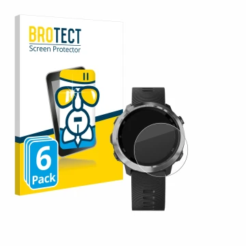Parte frontal de un envase de producto con el logotipo de la marca BROTECT. Al lado se muestra el dispositivo Garmin Forerunne