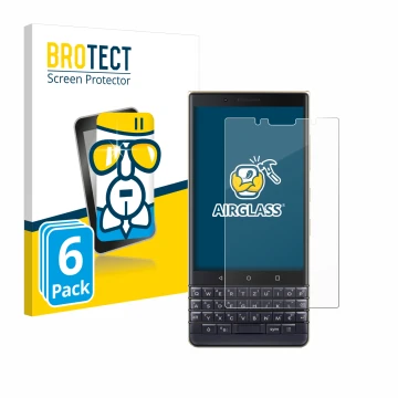 Parte frontal de un envase de producto con el logotipo de la marca BROTECT. Al lado se muestra el dispositivo BlackBerry Key2 