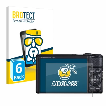 Parte frontal de un envase de producto con el logotipo de la marca BROTECT. Al lado se muestra el dispositivo Canon PowerShot 