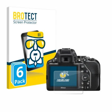Parte frontal de un envase de producto con el logotipo de la marca BROTECT. Al lado se muestra el dispositivo Nikon D3500 con 