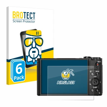 Parte frontal de un envase de producto con el logotipo de la marca BROTECT. Al lado se muestra el dispositivo Sony Cyber-Shot 