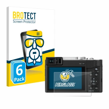 Parte frontal de un envase de producto con el logotipo de la marca BROTECT. Al lado se muestra el dispositivo Panasonic Lumix 