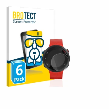 Parte frontal de un envase de producto con el logotipo de la marca BROTECT. Al lado se muestra el dispositivo Garmin Forerunne