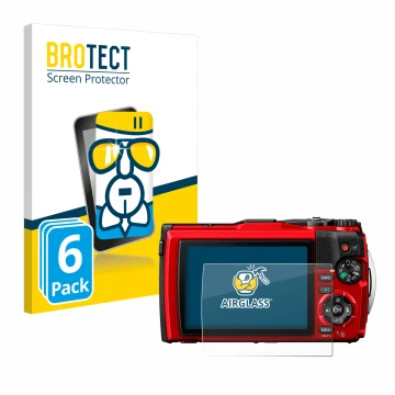 Parte frontal de un envase de producto con el logotipo de la marca BROTECT. Al lado se muestra el dispositivo Olympus Tough TG