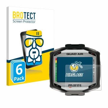 Parte frontal de un envase de producto con el logotipo de la marca BROTECT. Al lado se muestra el dispositivo Mares Quad Air c