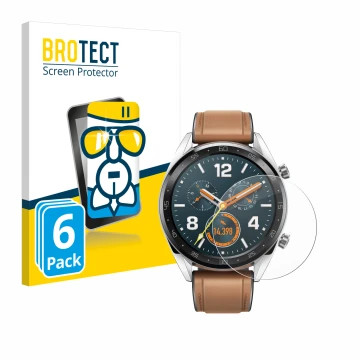 Parte frontal de un envase de producto con el logotipo de la marca BROTECT. Al lado se muestra el dispositivo Huawei Watch GT 