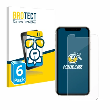 Parte frontal de un envase de producto con el logotipo de la marca BROTECT. Al lado se muestra el dispositivo Apple iPhone 11 