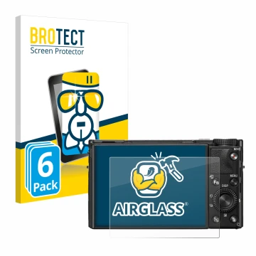 Parte frontal de un envase de producto con el logotipo de la marca BROTECT. Al lado se muestra el dispositivo Sony Cyber-Shot 