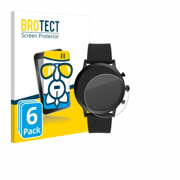 Parte frontal de un envase de producto con el logotipo de la marca BROTECT. Al lado se muestra el dispositivo Fossil The Carly