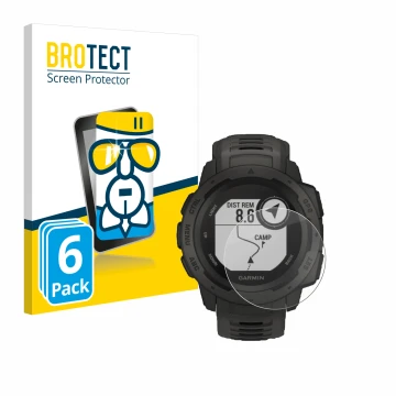 Parte frontal de un envase de producto con el logotipo de la marca BROTECT. Al lado se muestra el dispositivo Garmin Instinct 
