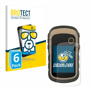 Parte frontal de un envase de producto con el logotipo de la marca BROTECT. Al lado se muestra el dispositivo Garmin eTrex 32x