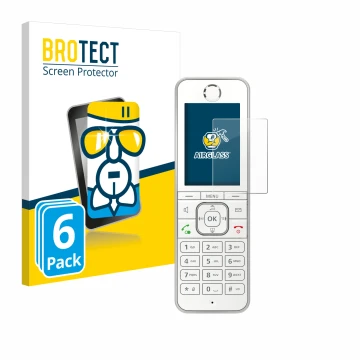 Parte frontal de un envase de producto con el logotipo de la marca BROTECT. Al lado se muestra el dispositivo AVM Fritz!Fon C6