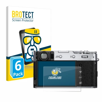 Parte frontal de un envase de producto con el logotipo de la marca BROTECT. Al lado se muestra el dispositivo Fujifilm X100V c