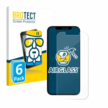 Parte frontal de un envase de producto con el logotipo de la marca BROTECT. Al lado se muestra el dispositivo Apple iPhone 12 