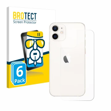 Parte frontal de un envase de producto con el logotipo de la marca BROTECT. Al lado se muestra el dispositivo Apple iPhone 12 